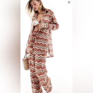 South Beach embroidered oversized beach shirt co-ord in rust.